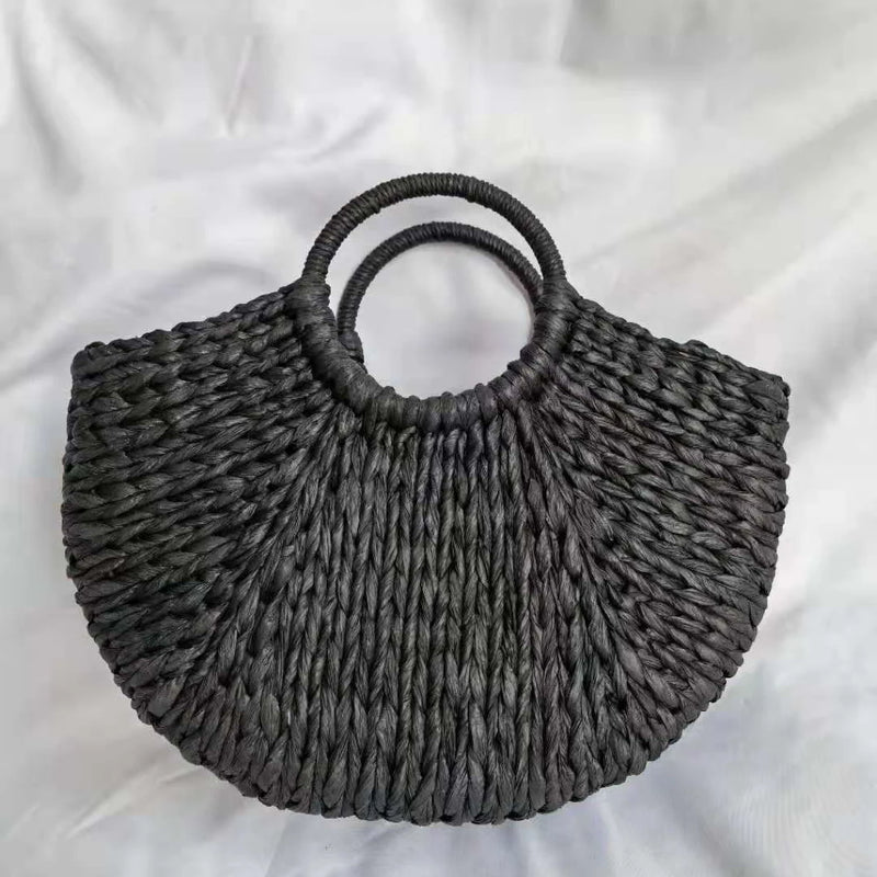 Straw Round Bucket Bag Semicircle Woven Basket Rattan Handbag