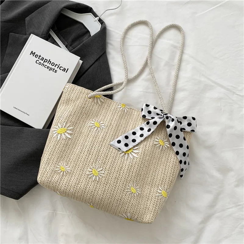 Straw Braided Silk Scarf Handbag