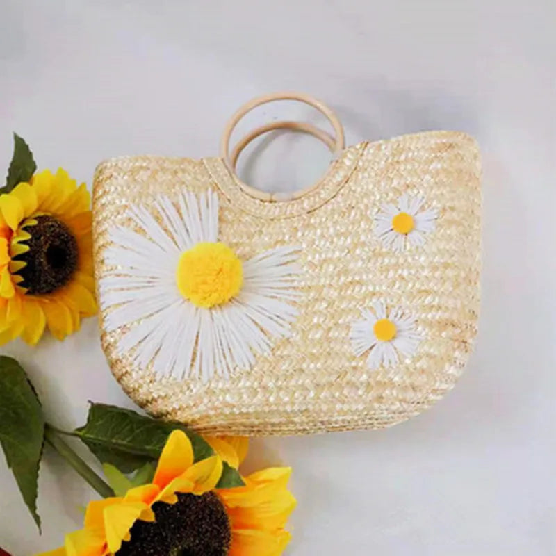 Small Daisy Embroidery Straw Beach Bag