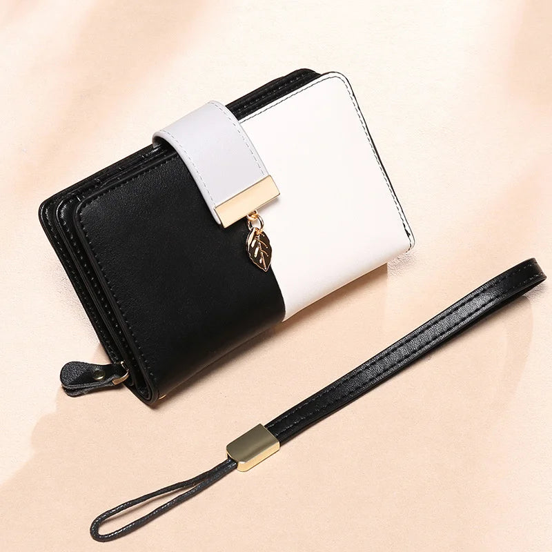 Women's Short Wallet with Contrast Zipper and Buckle