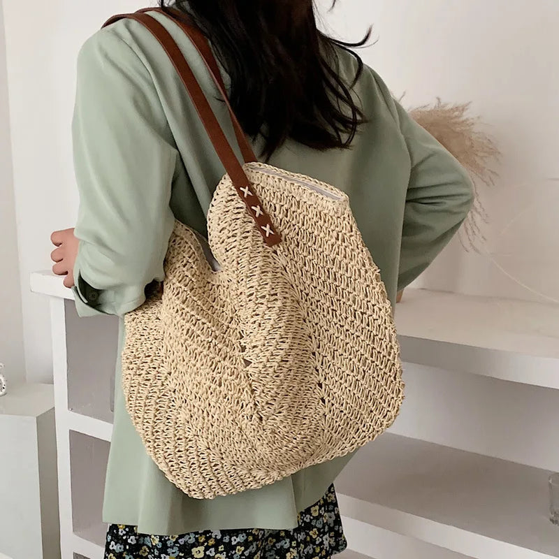 Women's Holiday Hollow Straw Woven Shoulder Bag Large Capacity Casual Beach Tote