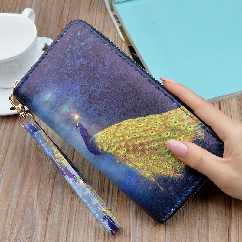 Peacock Print Long Zipper Wallet for Women