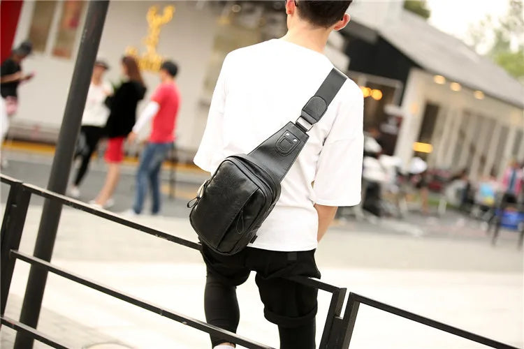 Men Casual High Pu Leather Belt Bag Sports USB Interface Single Shoulder