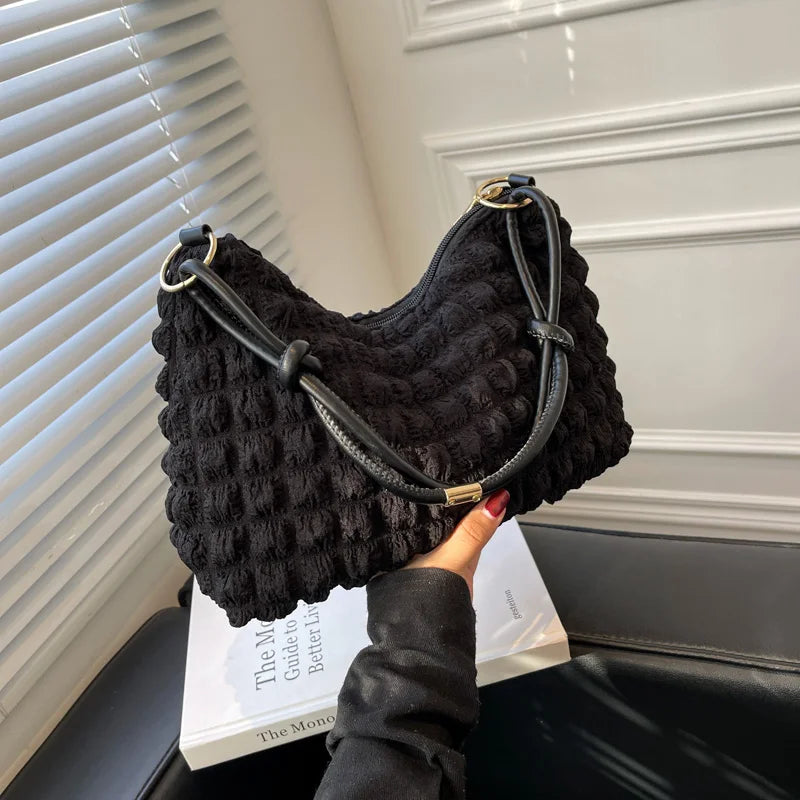 Shoulder Bags Women Solid Folds Square Underarm Texture Retro Zipper Satchels