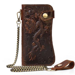 Men's 3D Dragon Embossing Long Wallet with Chain