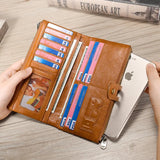 High Quality Leather Long Wallet Clutch Purse Zipper Female Big Red Brown