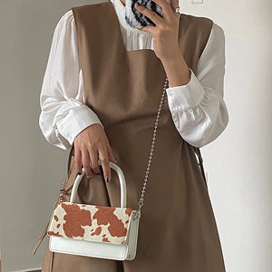Cow Pattern Hairy Chain Diagonal Bag Girl Retro Flip Cover Shoulder Bag