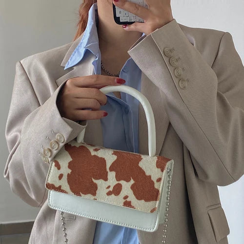Cow Pattern Hairy Chain Diagonal Bag Girl Retro Flip Cover Shoulder Bag