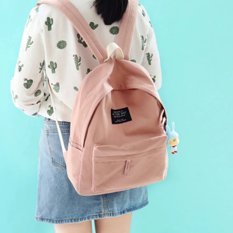 NuFangU Solid Cotton Fabric Girls Backpack School Book Bag