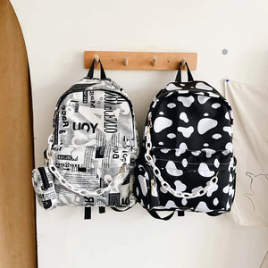 Nylon Backpack Students Girls Cow Letter Print Casual Shoulder School Book Bags
