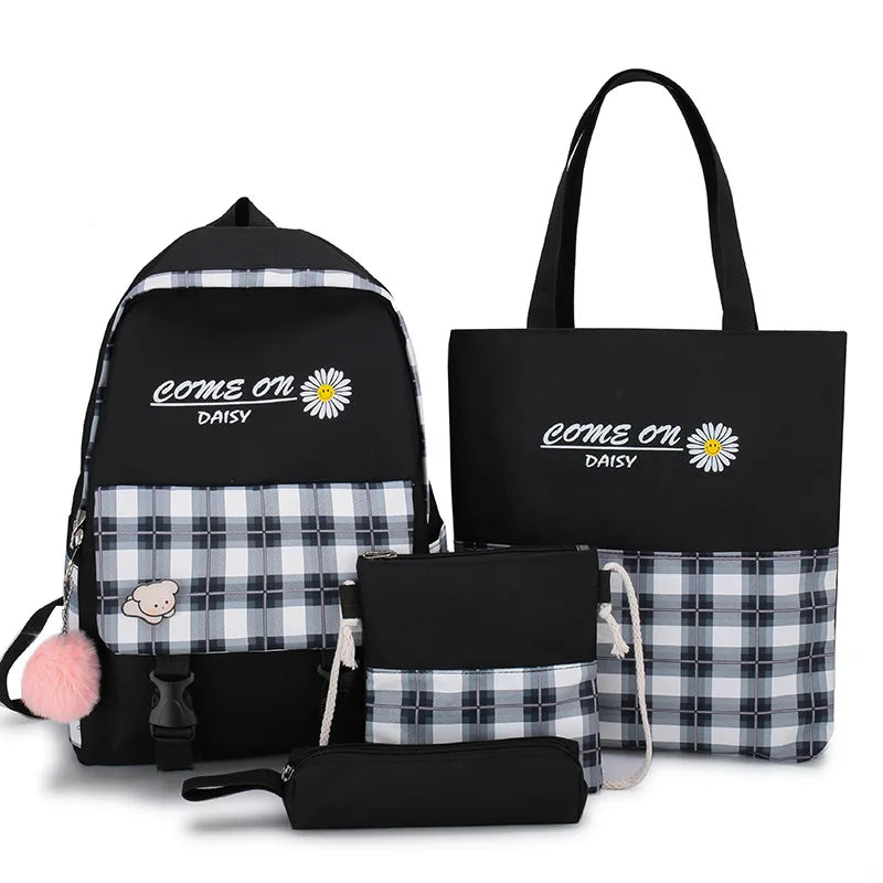 5pcs Plaid School Bags Set for Teenage Girls Women Backpack Book Bag Shoulder