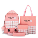 5pcs Plaid School Bags Set for Teenage Girls Women Backpack Book Bag Shoulder