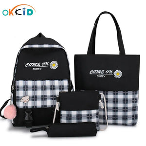 5pcs Plaid School Bags Set for Teenage Girls Women Backpack Book Bag Shoulder