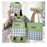 5pcs Plaid School Bags Set for Teenage Girls Women Backpack Book Bag Shoulder