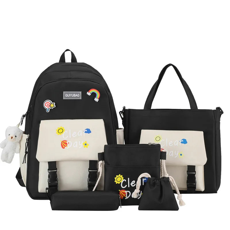 5pcs School Bags for Teen Girls Backpack Set Bookbag Shoulder Bag Pencil Bag