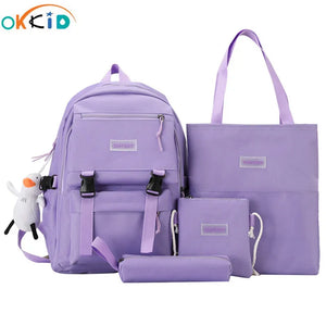 5pcs/set Purple School Bags for Teenage Girls Handbag Shoulder Bag Pencil Bag Se