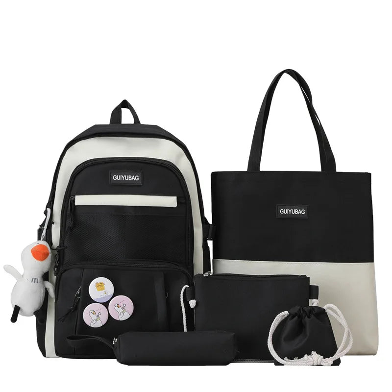 6pcs Canvas School Bags for Teenage Girls Female Laptop Backpack