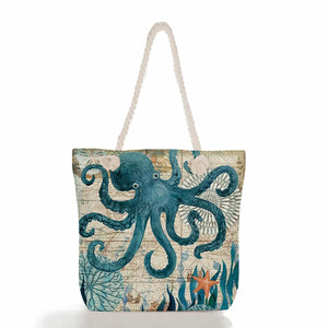 Ocean Series Tote High Capacity Beach Bag Octopus Turtle Printed Handbag