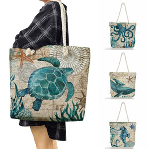 Ocean Series Tote High Capacity Beach Bag Octopus Turtle Printed Handbag