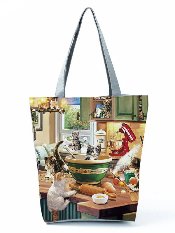 Cat Print Womens Tote Bags Polyester Reusable Shopping Bag For Groceries