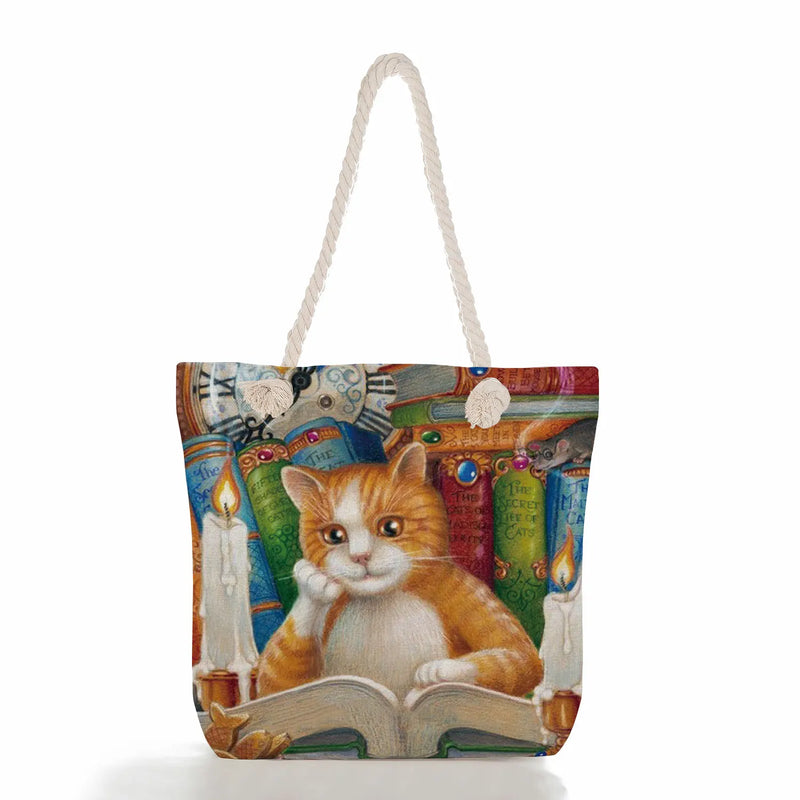 Oil Painting Cat Printed Womens Tote Bags Thick Rope Linen Reusable Shopping Bag