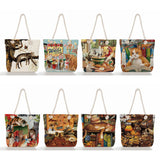 Oil Painting Cat Printed Womens Tote Bags Thick Rope Linen Reusable Shopping Bag