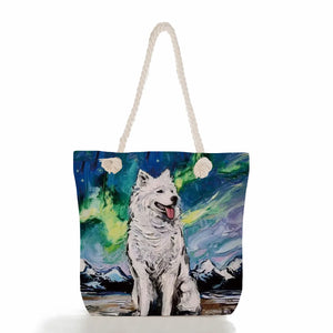 Oil Painting Dog Printed Handbags Women Thick Rope Tote Bag Animal Shoulder Bag