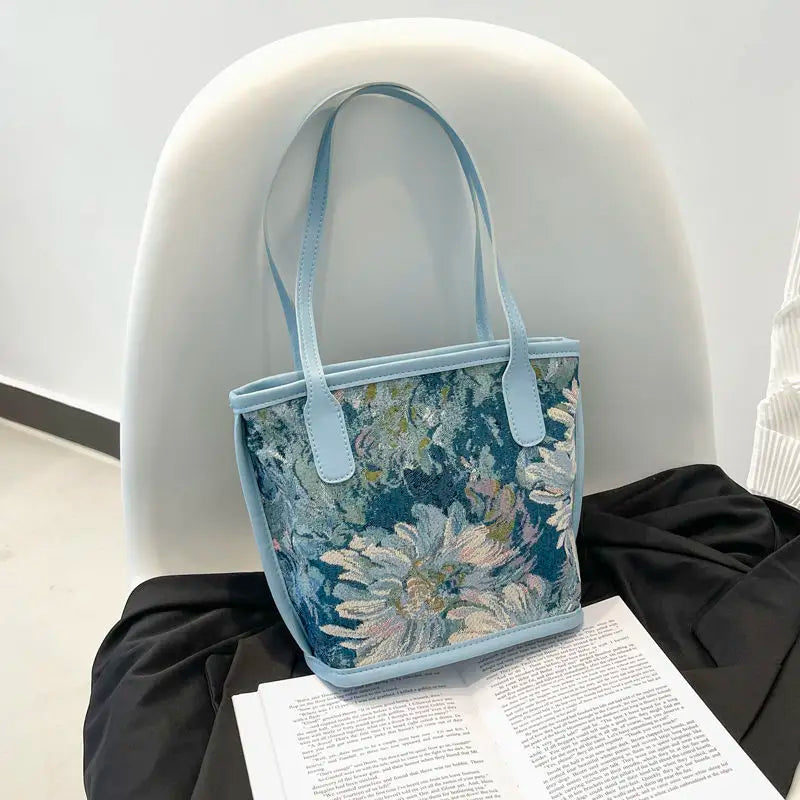 Large Capacity Oil Painting Flower Shoulder Bag Retro Texture Handbag Tote