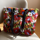 Oil Painting Style Plush Tote Bag Women Handbag High Winter Ladies Shoulder Bags
