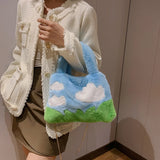 Oil Painting Style Fluffy Plush Women Messenger Bag Faux Fur Ladies Tote