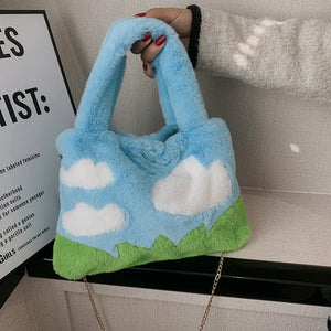 Oil Painting Style Fluffy Plush Women Messenger Bag Faux Fur Ladies Tote