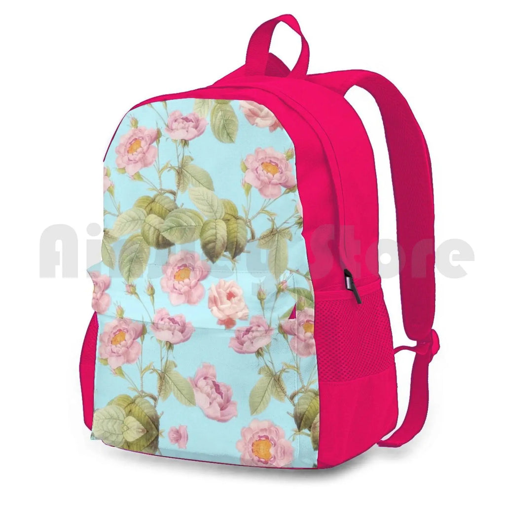 Vintage Roses On Teal Pattern Outdoor Hiking Backpack
