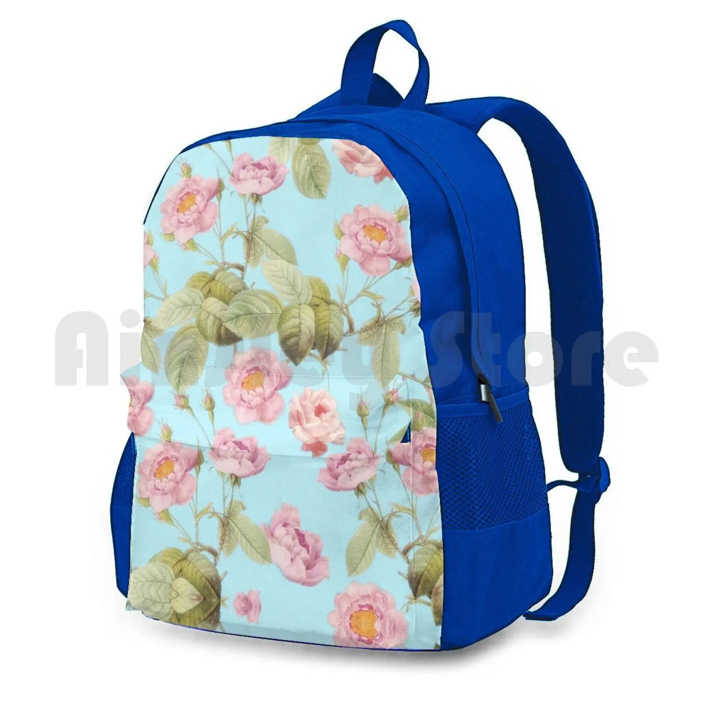 Vintage Roses On Teal Pattern Outdoor Hiking Backpack