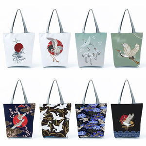 Crane Bird Print Tote Bag Women Shoulder Bag Eco Friendly Portable High Capacity