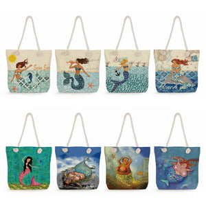 Mermaid Print Portable Folding Beach Bag High Capacity Handbag for Women