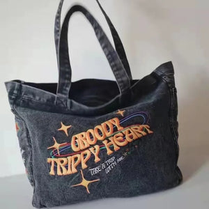 90s Y2K Style Embroidery Tote Bag Hip Hop School Laptop Work Overnight Bag