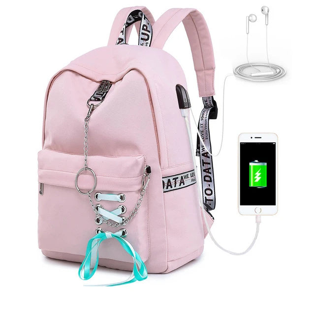 Waterproof Backpack Women School Bags For Teenagers Girls USB Charge Bow Travel