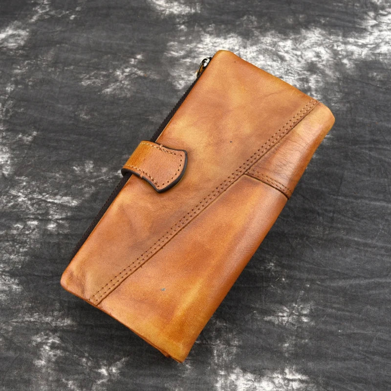 Vintage Wax Oil Skin Long Purse Leather Notecase For Ladies Girls