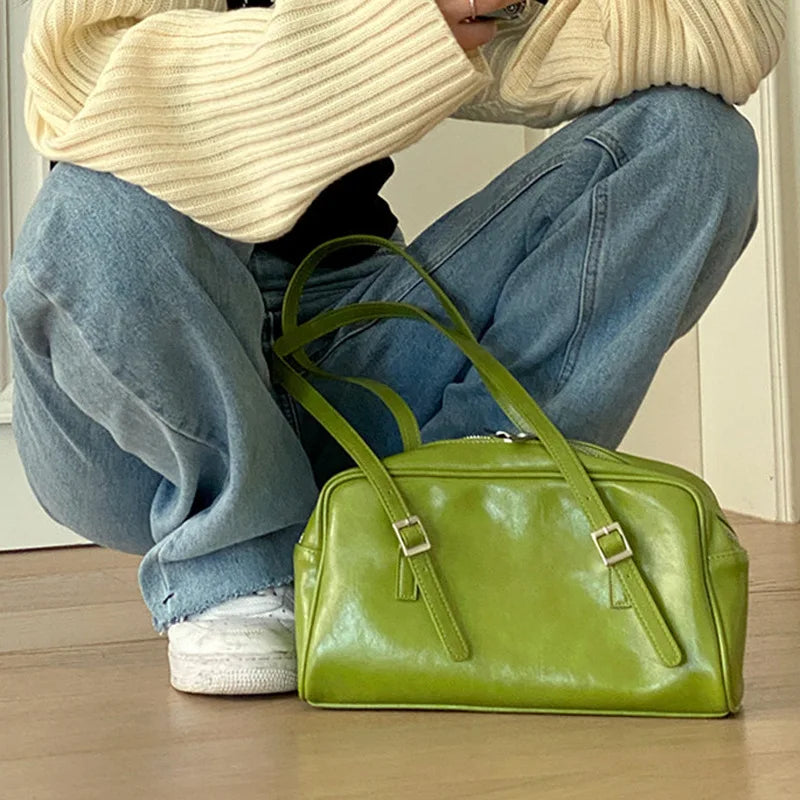PU Green Leather Women Shoulder Bag Vintage Female Underarm Bag