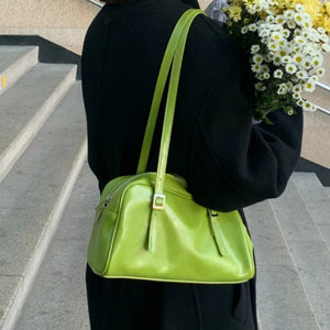 Green Leather Women Shoulder Bag Vintage Tote Handbag