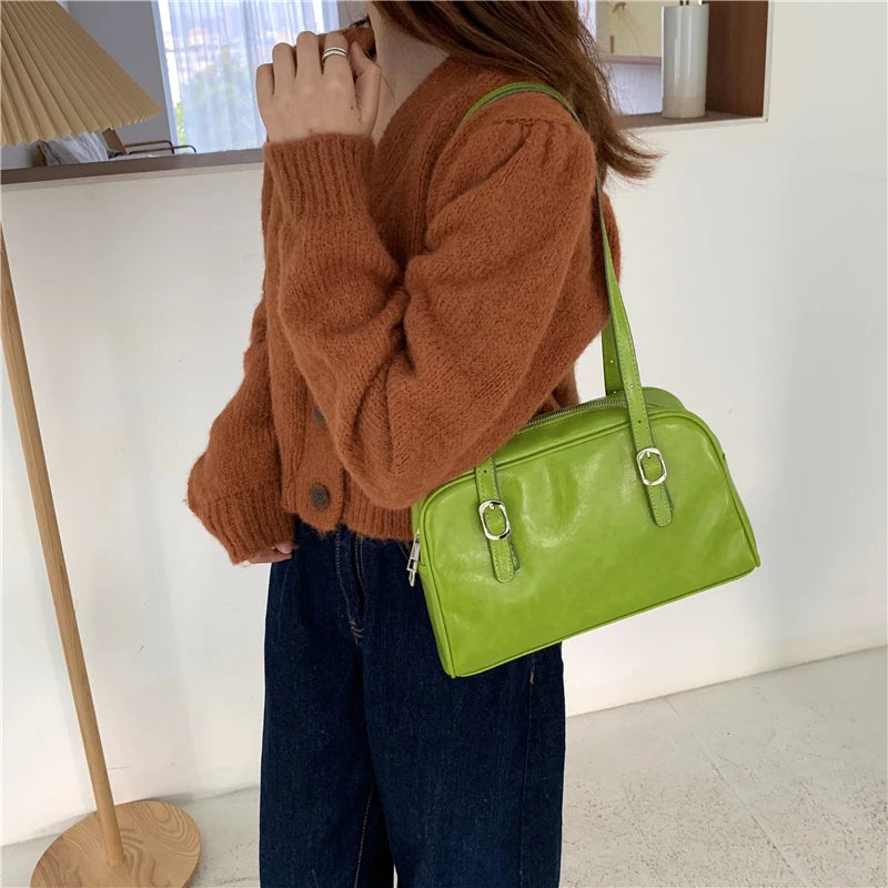 PU Green Leather Women Shoulder Bags Solid Ladies Tote Handbags
