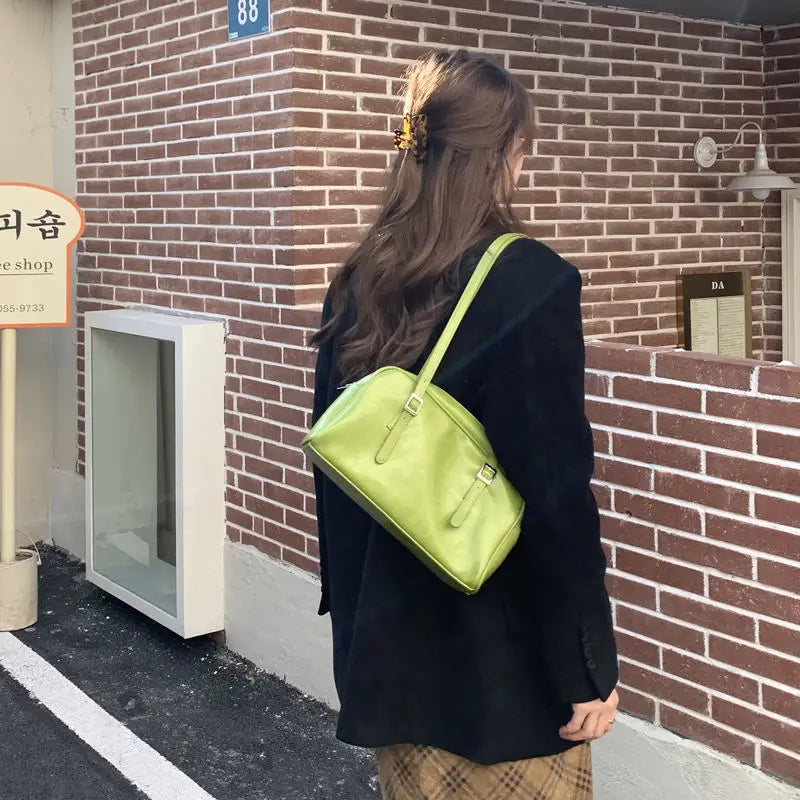 PU Green Leather Women Shoulder Bag Vintage Female Underarm Bag