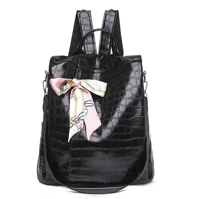 PU Ladies Leather Shoulder Backpacks Women Travel Bags Silk Scarf