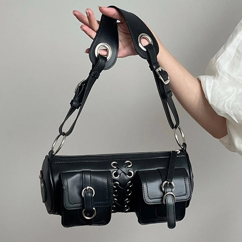 PU Leather Bandage Boston Bag Women's Shoulder Underarm Bag