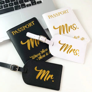 Mr Mrs Passport Holder Luggage Tag Set PU Leather Couple Travel Baggage Tags