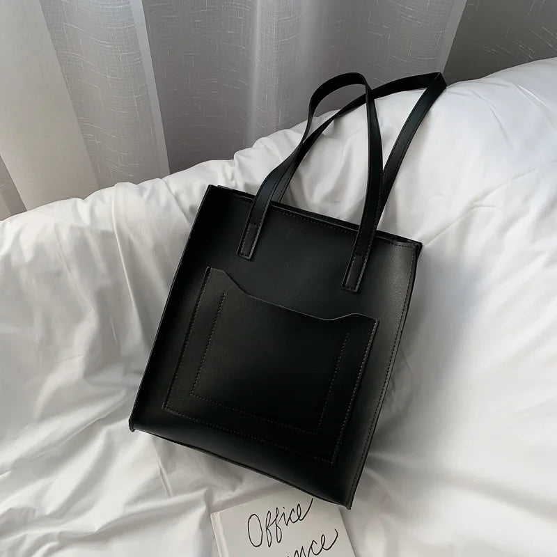 Vintage PU Leather Tote Bag for Women - Casual Shoulder Handbag