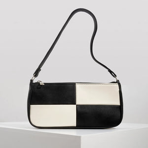 PU Leather Patchwork Underarm Bag Woman Plaid Top Handle Bag