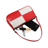 PU Leather Patchwork Underarm Bag Woman Plaid Top Handle Bag