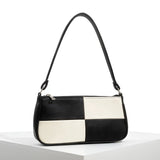 PU Leather Patchwork Underarm Bag Woman Plaid Top Handle Bag