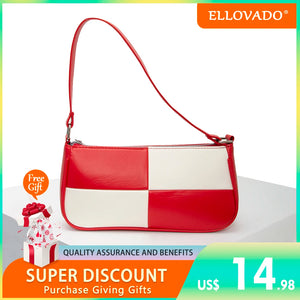 PU Leather Patchwork Underarm Bag Woman Plaid Top Handle Bag